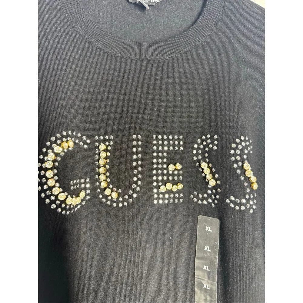 NWOT Guess Norah Logo Sweater Black  Rhinestone Trim Cold-Shoulder Cutout Sz XL